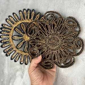 Woven Boho Coasters Set‎ of 2 Black Brown Wicker Rattan potholders